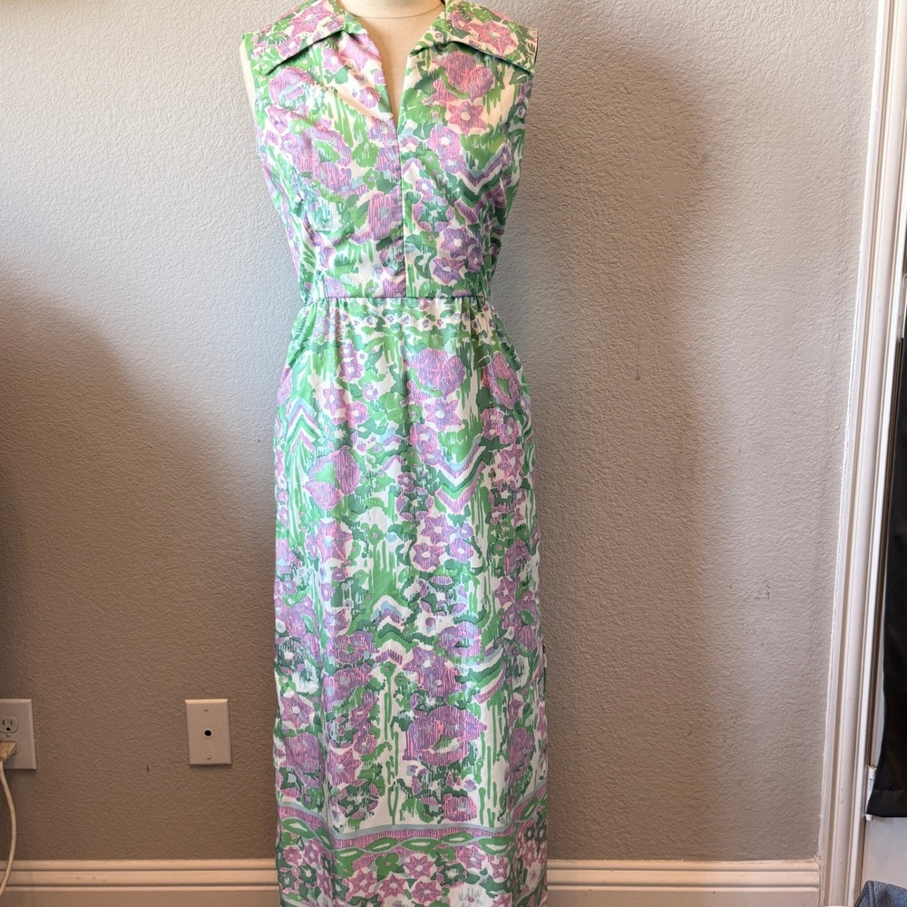 Abe Schrader Vintage Maxi Dress Floral Psychedelic Pink Green Womens 12 ILGWU